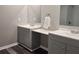 Bathroom featuring dual sinks, gray cabinets, and modern fixtures at 6401 Wedgeview Ct # 6401, Tucker, GA 30084