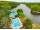 Aerial shot showcasing the pool, tennis courts and lake, highlighting community amenities at 9295 Martin Rd, Roswell, GA 30076