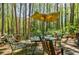 Enjoy outdoor living on this back deck featuring a table, chairs and views of the wooded landscape at 2680 Irene Dr, Marietta, GA 30066