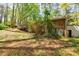 View of backyard featuring brick house, shed, greenery and trees at 2680 Irene Dr, Marietta, GA 30066