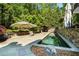 Private backyard featuring a lap pool, stone patio, and lush landscaping for relaxation at 265 Tara Trl, Atlanta, GA 30327