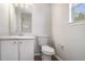 This bathroom features a white sink and vanity, a toilet, and a shower at 1076 Field View Dr, Mcdonough, GA 30253