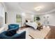 Bright bedroom with tray ceiling, hardwood floors, neutral color palette, and a cozy sitting area by the window at 1612 Alder Se Ct, Atlanta, GA 30317