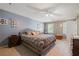 Spacious main bedroom with light blue walls, fan, and carpet flooring at 4128 Mayflower Sw Ct, Lilburn, GA 30047