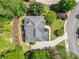 Aerial view of a home featuring a gray roof, green lawn and mature trees at 330 Plantation Way, Roswell, GA 30075