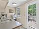 Practical kitchenette with a stainless steel sink, and access to an outdoor patio at 3585 Legacy Trce, Alpharetta, GA 30022