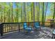 Back deck with two blue chairs and black railings overlooking the wooded backyard at 2022 Ramblewood Ne Ct, Marietta, GA 30062