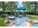 Inviting backyard patio features stone floor, lounge chairs, umbrella, and lovely potted plants at 269 Red Gate Dr, Canton, GA 30115