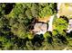 Aerial view of the property highlighting the pool and home surrounded by mature trees at 7635 Blandford Pl, Atlanta, GA 30350