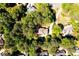 Aerial view of home and pool surrounded by lush trees in a quiet neighborhood at 7635 Blandford Pl, Atlanta, GA 30350