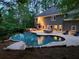 Gorgeous backyard pool, perfect for entertaining, with an inviting patio and beautiful landscaping at 7635 Blandford Pl, Atlanta, GA 30350