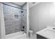 Modern bathroom features a shower/tub combo with designer tile and a vanity with sink at 1331 Iverson Ne St # A, Atlanta, GA 30307