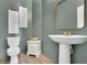 Stylish powder room with modern fixtures and a pedestal sink at 5985 Hidden Ridge Ct, Cumming, GA 30028