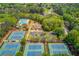 Overhead shot of community amenities, including tennis courts, a pool, clubhouse, and a scenic lake at 12340 Preserve Ln, Alpharetta, GA 30005