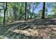 Backyard fire pit featuring natural stones and surrounded by green trees and luscious landscaping at 4640 Lambton Cir, Suwanee, GA 30024