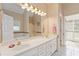 Elegant bathroom with dual sinks, large mirror and gold shower trim at 219 Garden W Walk, Hampton, GA 30228