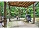 Covered patio with a grill, and lush greenery creating a private and relaxing outdoor living space for entertainment at 117 Manous Dr, Canton, GA 30115