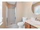 Bathroom with a vanity, toilet, and walk-in shower with glass doors at 223 Chads Ford Way, Roswell, GA 30076