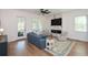 Bright living room with fireplace, TV, lots of natural light, and wood floors at 2235 Birchtree Way, Marietta, GA 30062