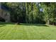 A sprawling backyard with a green lawn, mature trees, and a stone fire pit at 2340 Bexford Vw, Cumming, GA 30041