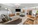 Comfortable living room with a fireplace, plush couches, and an open view to the kitchen at 5260 Sherwood Way, Cumming, GA 30040