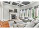 Bright living room featuring a fireplace, coffered ceiling, large windows, and comfortable seating at 5422 Heyward Square Pl, Marietta, GA 30068
