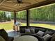 Covered outdoor seating area with a plush sofa and built-in grill for entertaining at 187 Slate Dr, Buford, GA 30518