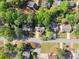 Birds eye view of a neighborhood street with neatly arranged homes and lush trees at 440 Hunt River Way, Suwanee, GA 30024