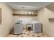 Functional laundry room equipped with a utility sink, storage shelf, and front loading washer and dryer at 440 Hunt River Way, Suwanee, GA 30024