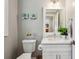 Bathroom featuring a modern vanity with white cabinets, a white vessel sink, and floral artwork for a stylish touch at 4505 Glengary Ne Dr, Atlanta, GA 30342
