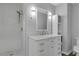 Stylish bathroom with a marble countertop vanity, modern lighting fixtures, and a walk-in shower for a luxurious feel at 4128 Boxwood Way, Duluth, GA 30096