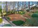 Backyard landscaping featuring a small retaining wall of garden beds and path up to a gazebo in the distance at 2580 Defoors Ferry Nw Rd, Atlanta, GA 30318