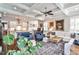 Open living space features coffered ceilings, hardwood floors, and view of open kitchen area at 144 Park Dr, Decatur, GA 30030