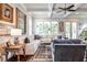 Bright living room featuring a fireplace, large windows, and a comfortable L-shaped sofa at 144 Park Dr, Decatur, GA 30030