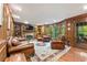 Cozy living room featuring wood paneling, a fireplace, built-in shelves, and comfortable leather furniture at 305 Spindle Ct, Sandy Springs, GA 30350