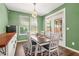 Dining room with modern light fixture, windows, and seating for six at 790 Riverwood Pass, Dallas, GA 30157