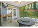 Enjoy this screened patio with backyard views and a ceiling fan at 790 Riverwood Pass, Dallas, GA 30157