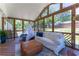 Inviting screened porch with white seating, wood flooring, and views of the backyard's trees and lush greenery at 5036 Chestnut Forest Ln, Dunwoody, GA 30360