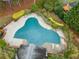Aerial view of a private pool with landscaping, providing a luxurious outdoor retreat and leisure space at 681 Deer Springs Way, Loganville, GA 30052