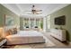 This staged main bedroom boasts a tray ceiling, ceiling fan, sitting area, and ensuite bath at 2827 Overlook Ne Trce, Atlanta, GA 30324