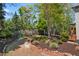 Landscaped backyard with a wooden fence, mulch beds, and mature trees at 4030 Palisades Main Nw, Kennesaw, GA 30144