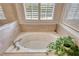 Soaking tub underneath a window with white plantation shutters and decorative art at 3818 Bay Forest Way, Loganville, GA 30052