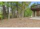 Landscape view showing a backyard with trees, lush vegetation, and a deck above a concrete patio at 861 Southland Pass, Stone Mountain, GA 30087