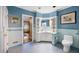 Stylish blue bathroom with tile walls, vanity, and decorative mirror at 705 W Ponce De Leon Ave, Decatur, GA 30030