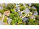 Aerial view of a neighborhood featuring homes with pools, surrounded by lush greenery and tree coverage at 3105 Birchton St, Johns Creek, GA 30022