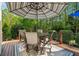 Outdoor deck with dining set and striped umbrella, surrounded by lush greenery at 3115 Corsair Curv, Cumming, GA 30040