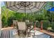 Outdoor patio shaded by an umbrella with a table and chairs surrounded by lush greenery at 3115 Corsair Curv, Cumming, GA 30040