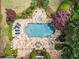 Aerial view of a private backyard oasis with a pool, spa, lush landscaping, and patio area at 2120 Blackheath Trce, Alpharetta, GA 30005