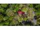 Bird's-eye view of a red-roofed house nestled amidst lush green trees, bordered by roads at 6515 Namon Wallace Dr, Cumming, GA 30028