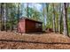 Backyard shed with double doors is perfect for extra storage among the trees at 6515 Namon Wallace Dr, Cumming, GA 30028